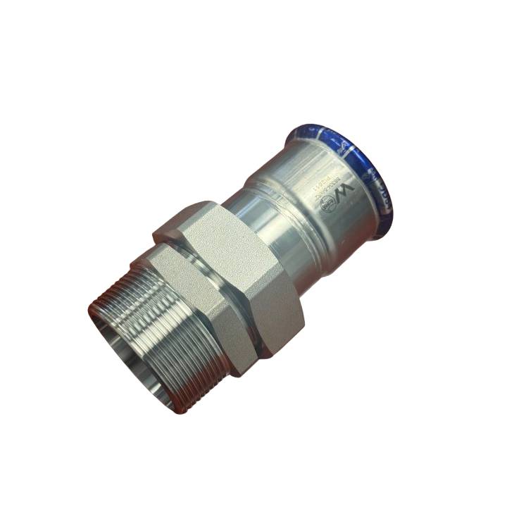 Male Straight Connector with Barrel Union - Stainless Steel Crimp Press