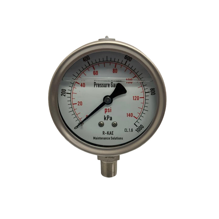 100mm - Stainless Steel Liquid Filled Pressure Gauge - Bottom Entry