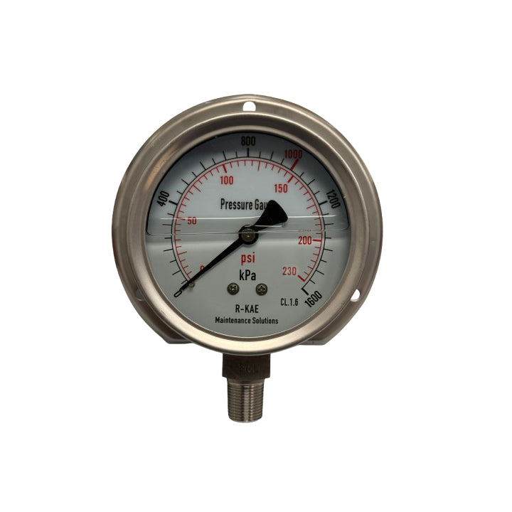 100mm - Stainless Steel Liquid Filled Pressure Gauge - Flush Mount Bottom Entry