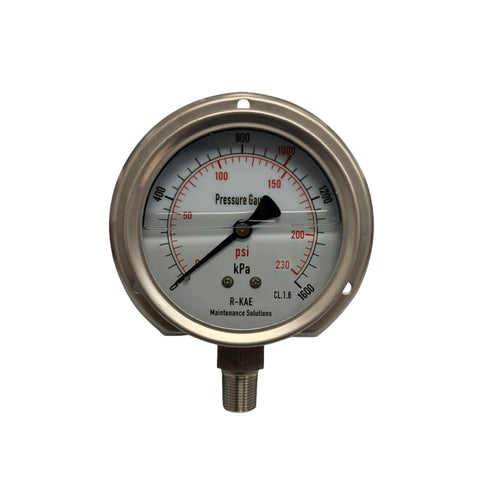 100mm - Stainless Steel Liquid Filled Pressure Gauge - Flush Mount Bottom Entry