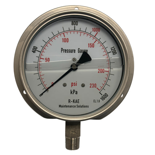 150mm - Stainless Steel Liquid Filled Pressure Gauge - Flush Mount Bottom Entry
