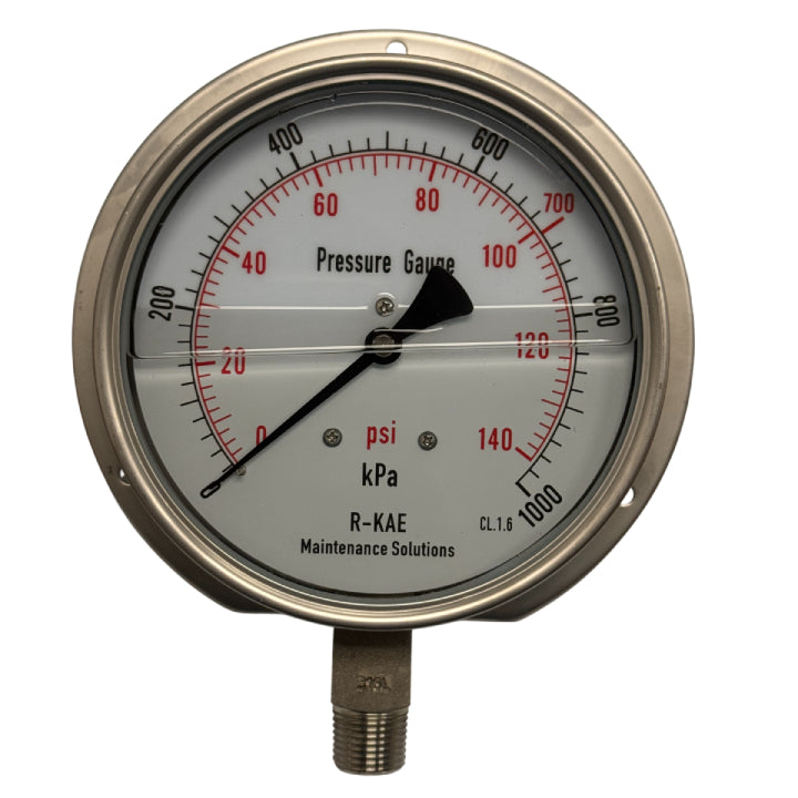 150mm - Stainless Steel Liquid Filled Pressure Gauge - Flush Mount Bottom Entry